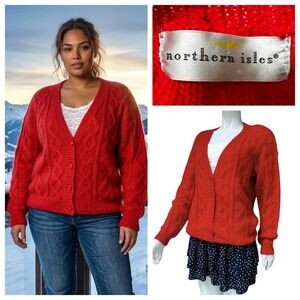 Northern Isles Vtg 90s Red Mohair Cable Knit Cardigan Chunky Grandmacore Large